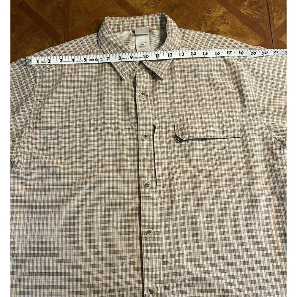 The North Face Short Sleeve Beige Plaid Shirt Hook & Loop Zip Pockets Men's Sz M